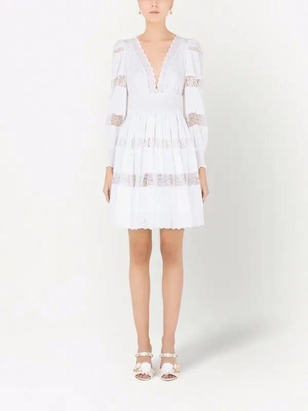 Dolce & Gabbana White Lace-Panel V-Neck Mini Dress